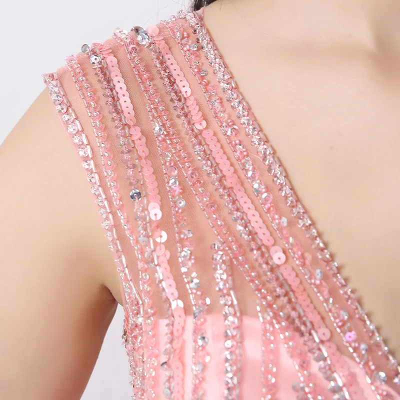 Elegant Pink Tulle V-Neck Evening Dresses Long A-Line 2017 Fashion Beading Applique Prom Gown Custom JS011 Elegant Pink Tulle V-Neck Evening Dresses Long A-Line 2017 Fashion Beading Applique Prom Gown Custom JS011