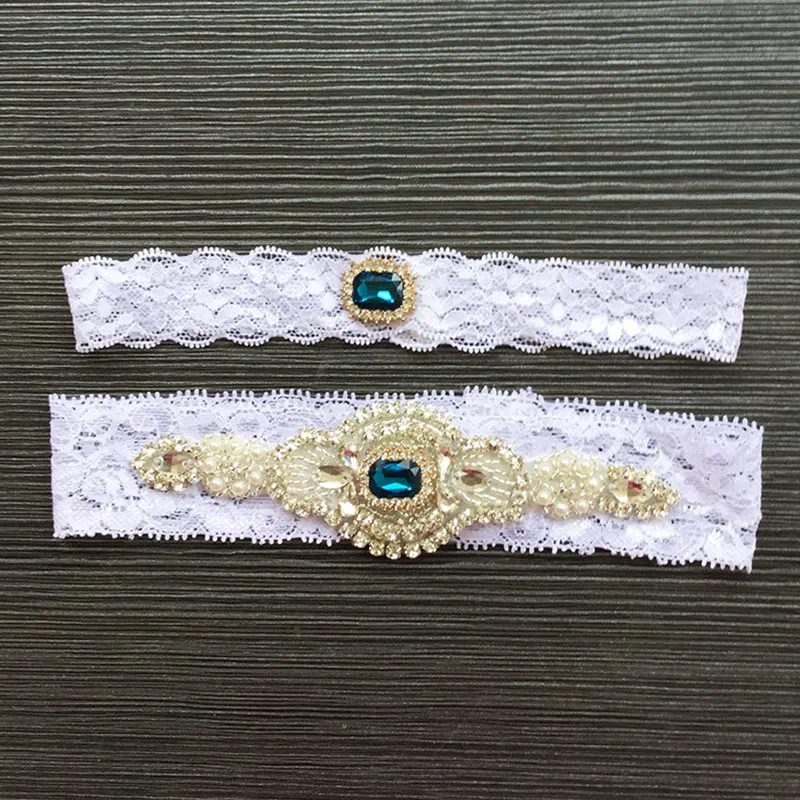 White Lace Rhinestone Beading Sexy Wedding Garter 2pcs set for Women