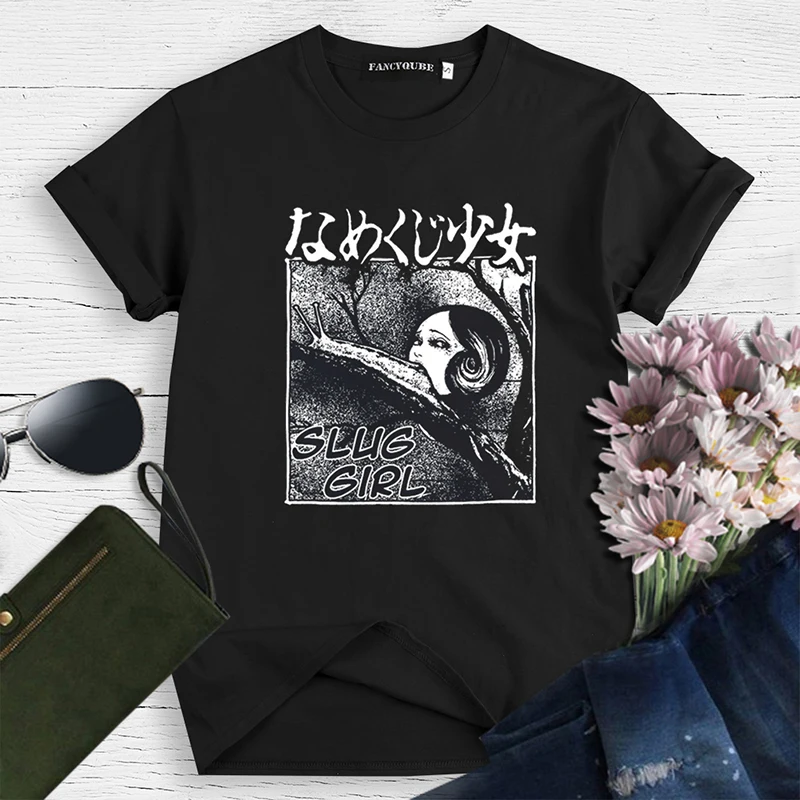Женская футболка в японском стиле с принтом "Ужас", "улитка", "slug girl", женская футболка с коротким рукавом, футболки, топы, camiseta mujer