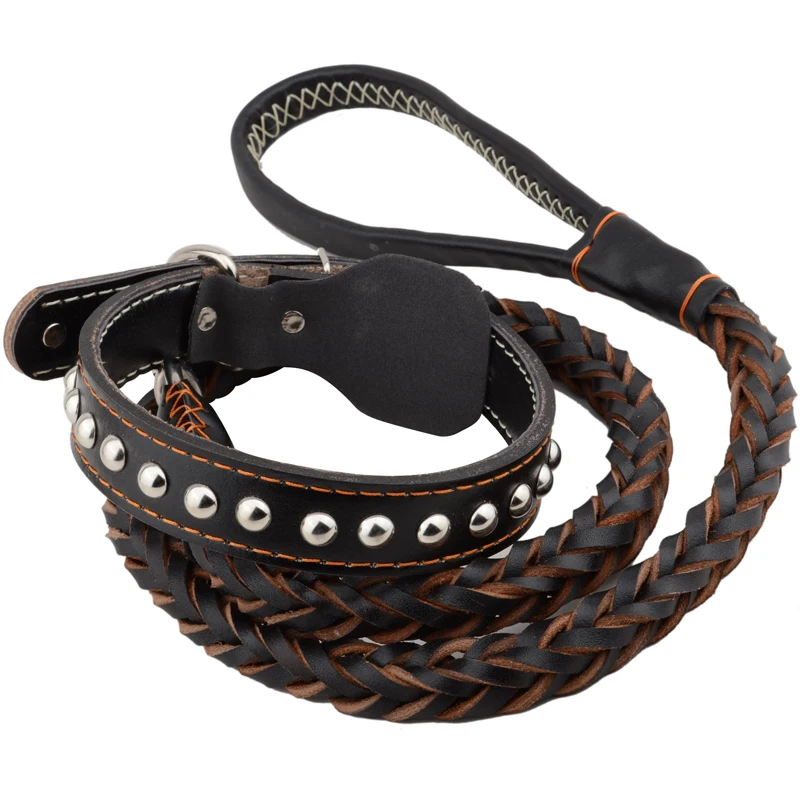 Luxe Mode Stijl Ronde Klinknagel Decoratieve Lederen Halsband en weven Hondenriem Set Puppy Huisdier Lood Touw Hond accessoires