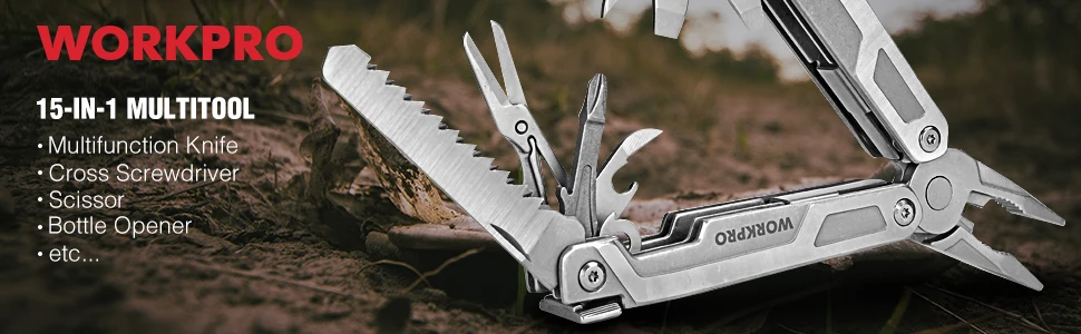 WORKPRO Multi Tool 15-in-1 Pocket Tool multi Pliers Saw Cutters for EDC Stainless Steel Utility Tools with Sheath