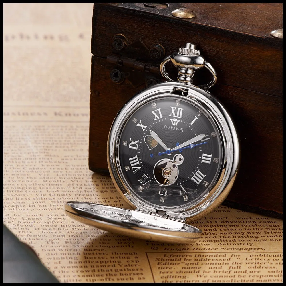 Новинка OUYAWEI модные механические ручные карманные часы Fob с серебристым черным циферблатом, мужские часы, полный стальной чехол Ventage, Подвесные часы