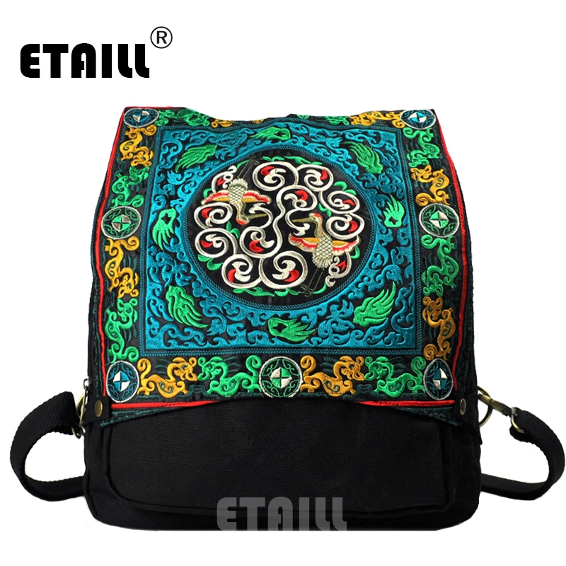 

ETAILL New National Style Canvas Green Embroidered Backpacks Large Bucket Shoulder Bag Girls Patchwork School Bags Travel Bag