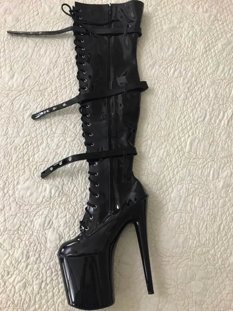 Pink 12-23cm high heel boots, buckled openings with round toe boots, dancers sexy 8-inch buckled, thigh-high boots