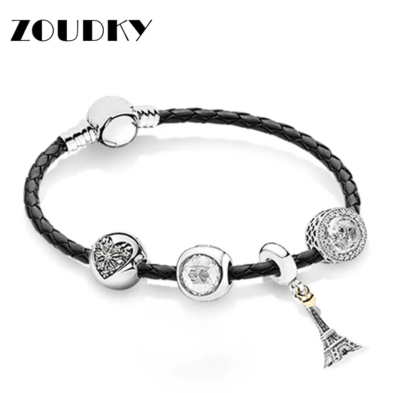 

ZOUDKY 100% 925 Sterling Silver New 1:1 Love Eiffel Tower Leather Hand Strap Set Charming Fashion Elegant Charm Jewelry Gift