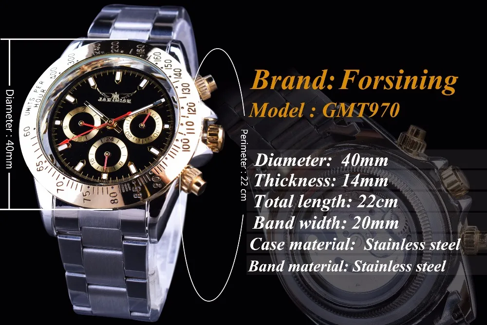 Ceny Jaragar męski automatyczny automatyczny wiatr mechaniczny zegarek złota ramka data stalowy pasek Sport zegarki biznesowe zegar Relogio