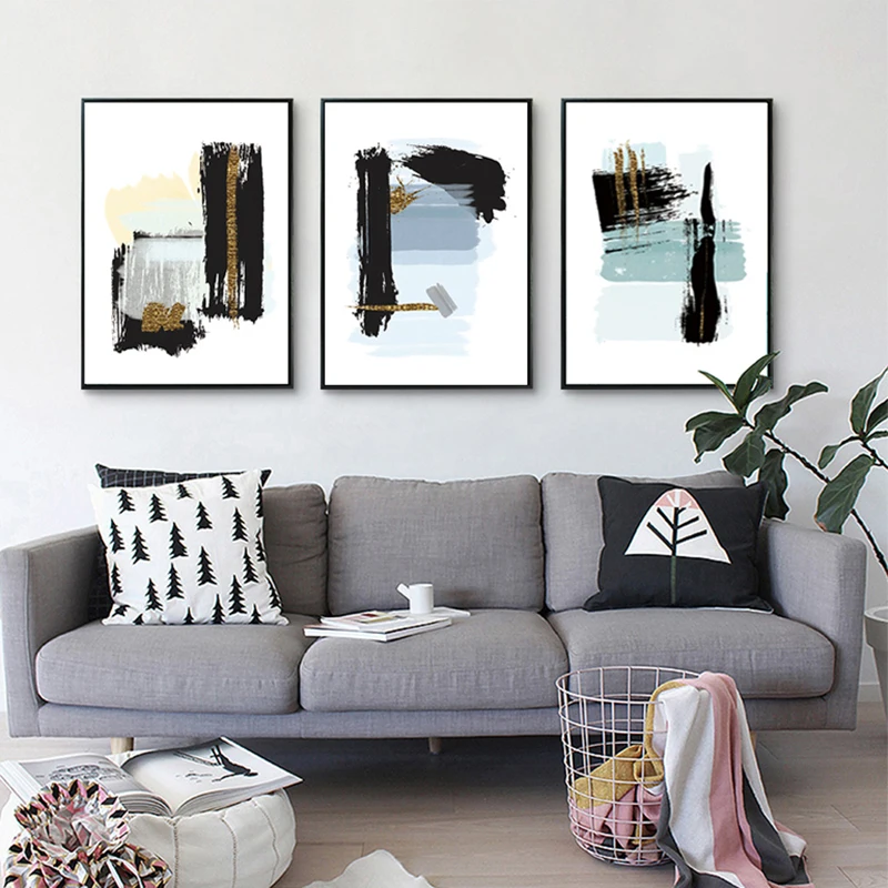 

Nordic Abstract Black White Canvas Painting Modern Minimalist Golden Wall Art Posters and Prints Decorative Picture Living Room