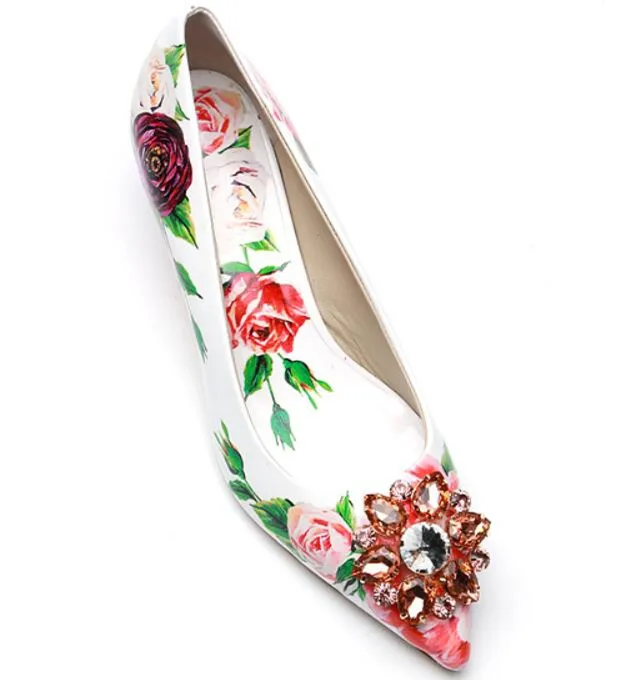 Роскошные свадебные вечерние туфли на высоком каблуке с цветочным принтом и блестящими кристаллами; женские туфли-лодочки на шпильке с острым носком; Каблук 5 см; Каблук 9 см
