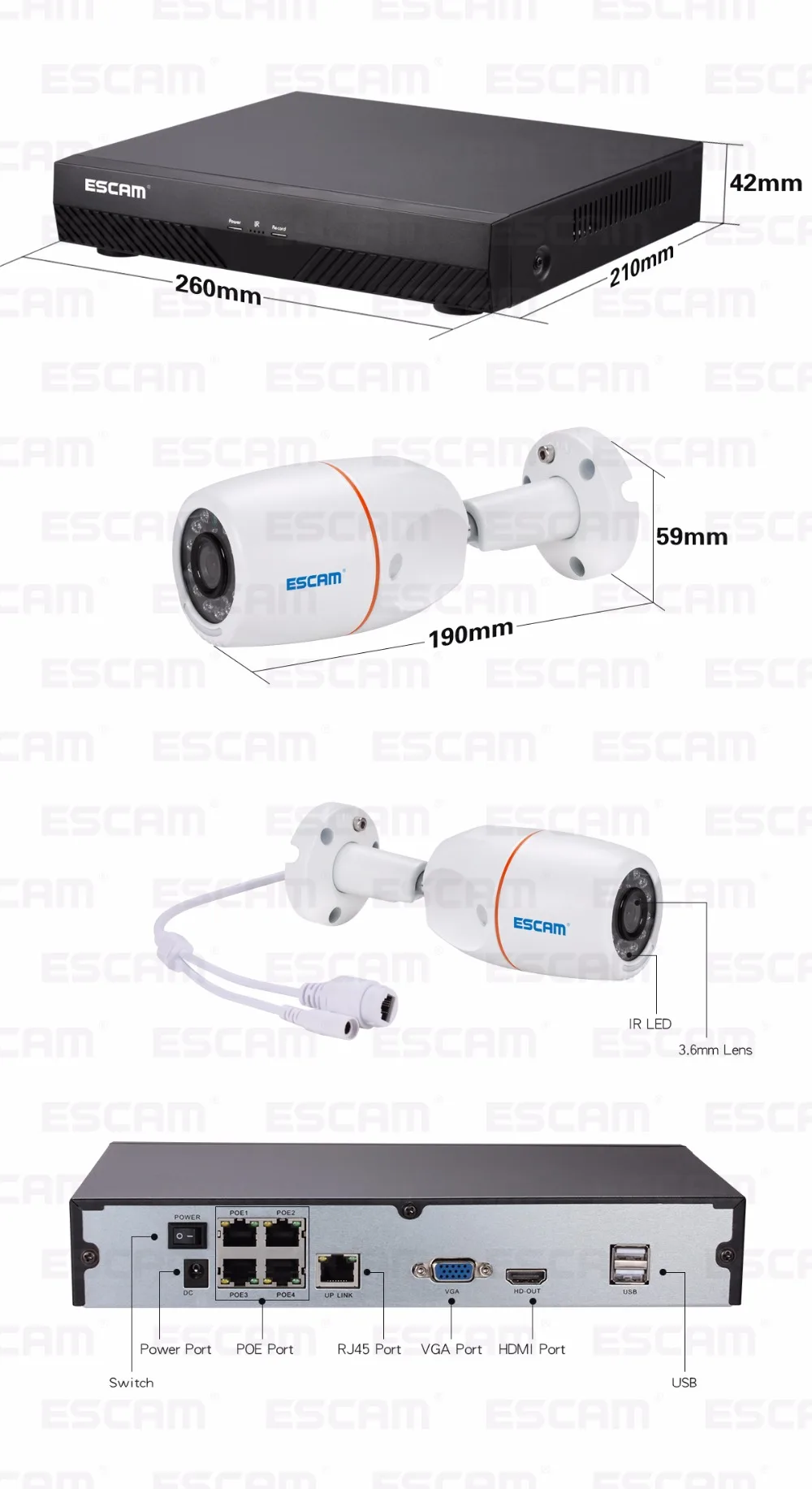 ESCAM PNK405 HD 1080p 4CH POE NVR система безопасности с детектором движения, сигнальная запись, ONVIF IP66 Водонепроницаемая ИК камера