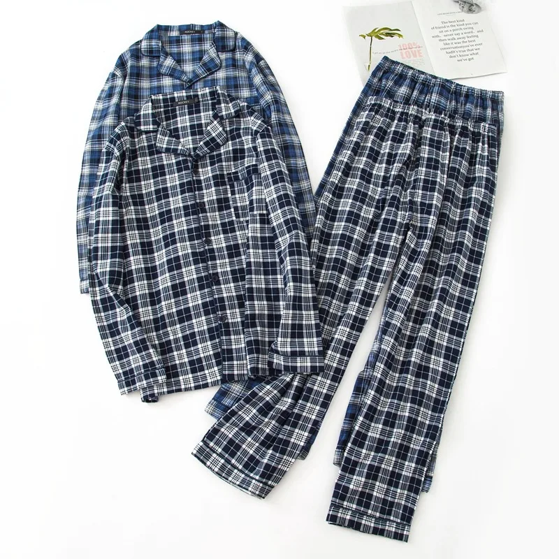 

New Cotton Man Autumn&Winter Long-sleeved Trousers Pajama Set Plaid Mansleepwear Flannel Men Pajamas Pijamas Big Size Sleepwear