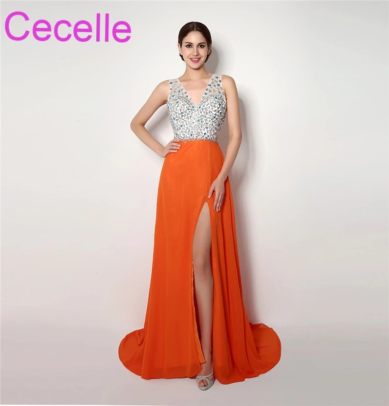 Naranja largo vestidos 2019 con correas V de Blanc con cuentas cristales Top de gasa con Sexy espalda abierta adolescentes de Prom|prom dresses|long prom dresseslong - AliExpress