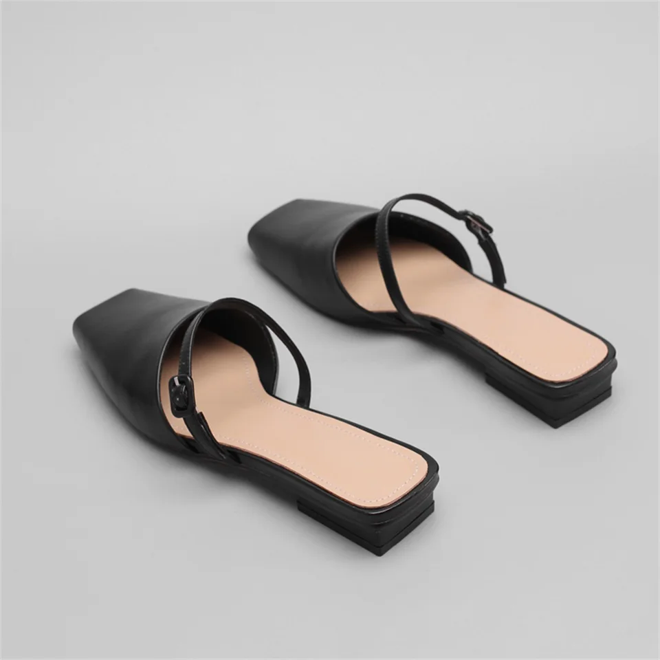 

2019 Summer Women's Slippers Fashion Square Toe Sandals Real Leather Fabric Comfort Flat Slippers Women
