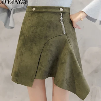 

Suede Skirts For Women 2018 Autumn Winter Female irregular Hem Slim Fashion High Waist Skirts S/M/L/XL Green Khaki Black