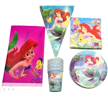 

51PCS Girls Kids Favors Mermaid Theme Cups Plates Decorate Tablecloth Baby Shower Banner Tableware Birthday Party Napkins Maps