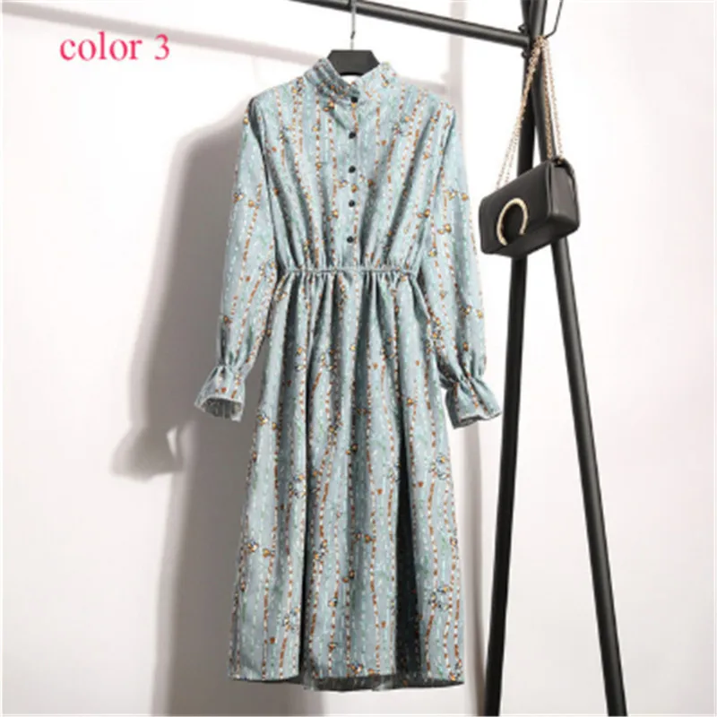 

Corduroy High Elastic Waist Vintage Dress A-line Style Women Full Sleeve Flower Plaid Print Dresses Slim Feminino 18 Colors