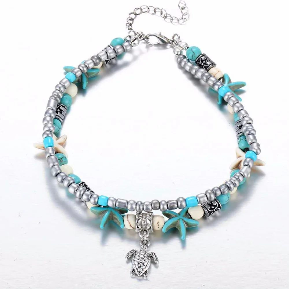 

Fashion popular double-layer anklet bracelet conch conch rice beads yoga beach turtle pendant anklet bracelet jewelry
