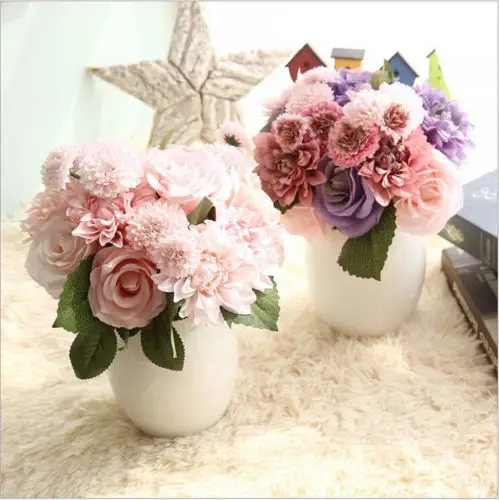 

Artificial Bouquet Rose Peony Silk Flowers Fake Leaf Wedding Party Decor Home