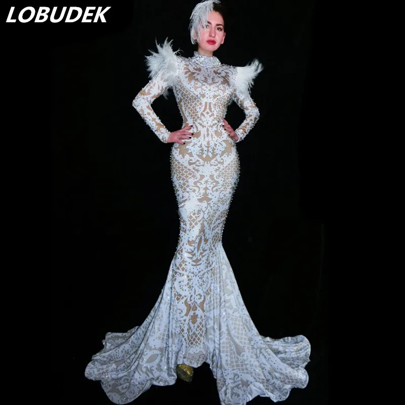 

White Rhinestones Feathers Tailing Dress Prom Birthday Celebration Dress Models Catwalk Dress Women Singer Luxury Stage Costume