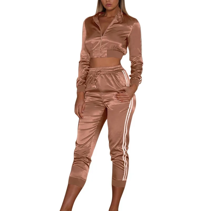 LOOZYKIT женский однотонный спортивный полосатый укороченный набор застежек на молнии 2 шт женские костюмы на молнии цельный укороченный топ+ брюки набор осень - Цвет: E379227