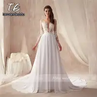 V-neck Sheer Bodice Lace Applique Beach Chiffon Wedding Dresses Long Sleeves Open Back White Bridal Dress vestidos de novia
