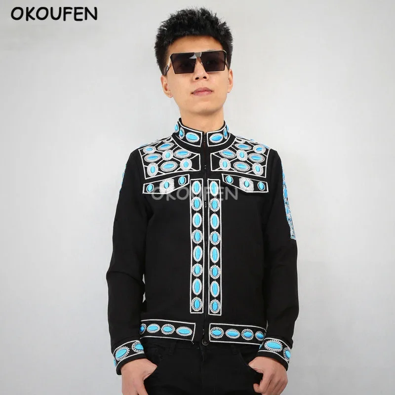 

Men's Embroidered Striped Stand Collar Slim Suit Jacket Party show stage dancer performance wear