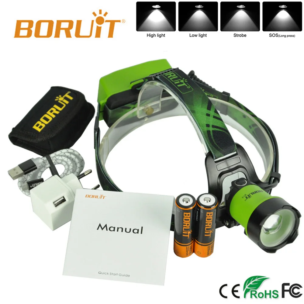 buy Boruit B13 LED Headlamp Zoomable Head Light Waterproof Zoom Torch Light XM L2 6000LM Green Flasglight 18650 Rechargeable Battery