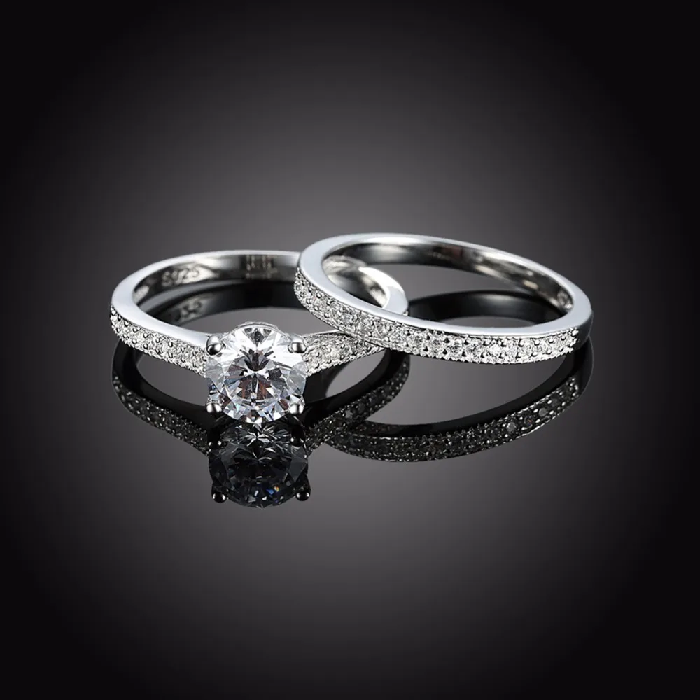 Твердые 925 пробы серебряные кольца наборы обручальные ювелирные изделия классические CZ Модные кольца для женщин Подарок на годовщину(JewelOra RI102620