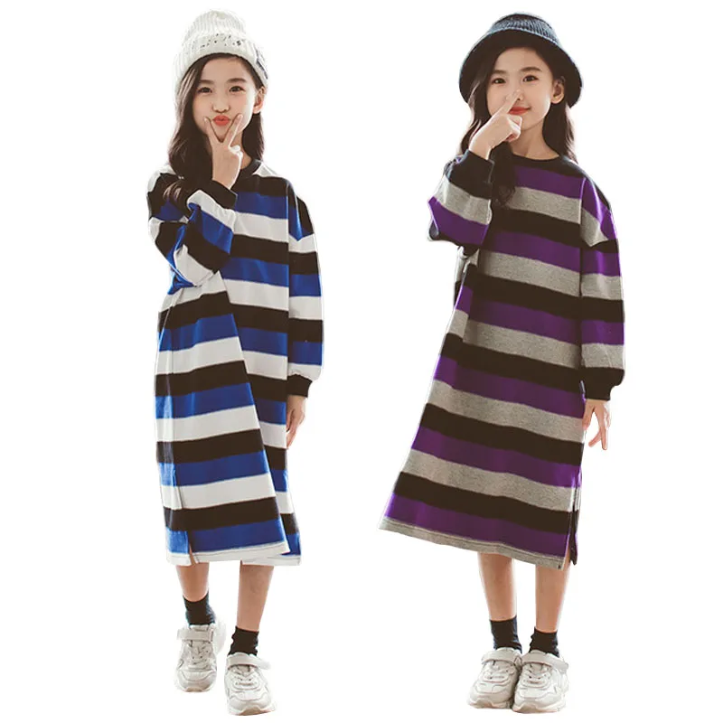 

Autumn 2019 Baby Girls Striped Dress Loose Full Sleeve Cotton Long Dresses Casual Teens Kids Vestidos Children Clothing 2-18 Yrs