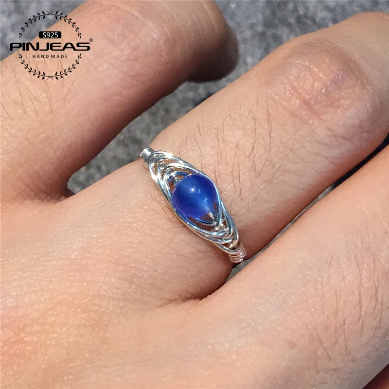 

PINJEAS Ring blue Bead precious stone ring set Handmade Wire Wrapped vintage stackable promise birthday