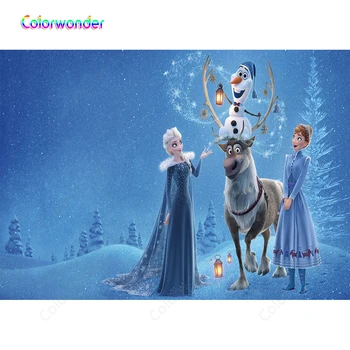 

Colorwonder Princess Elsa and Anna Background for Kids 7x5 Snowman Olaf with Reindeer Sven Ice World Backdrop for Children Party