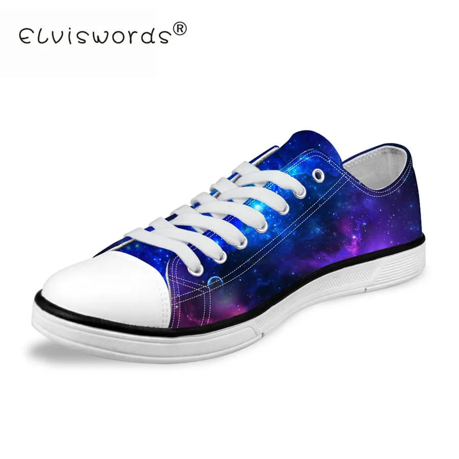 

ELVISWORDS Blue Galaxy Women Canvas Shoes Sky Night Star Printed Casual Low-top Flats For Female College Girls Comfortable