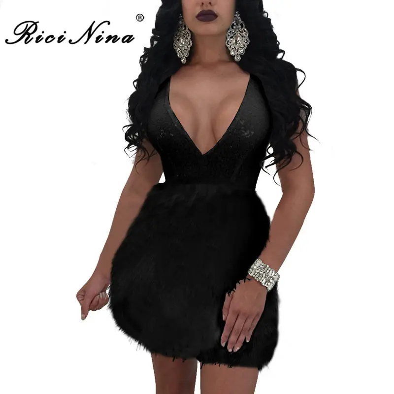 RICININA 2019 Woman Dress Ladies Deep V-neck Backless Spaghetti Strap Feathers Bodycon Mini Dresses Women Sexy Party Beach Dress