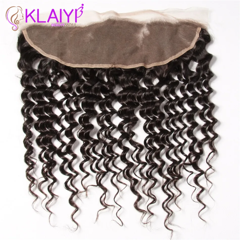 Klaiyi Hair Ear To Ear Lace Frontal Closure Human Hair 13X4 Without Baby Hair Peruvian Deep Wave Free Part Remy Hair Frontal