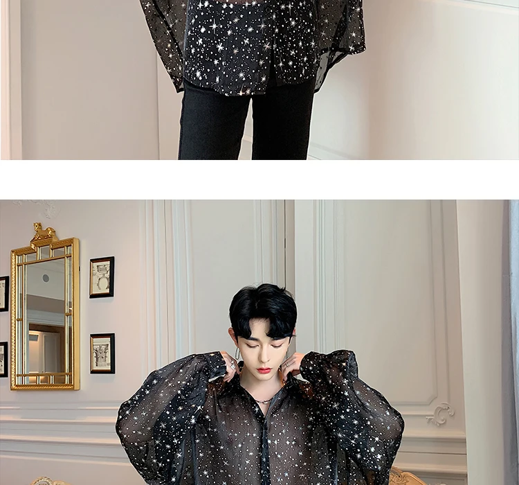 Летние ультратонкие видеть-через звезды печатных сексуальный рубашка корейского стиля винтаж шифоновая блузка костюм Go-Go для певицы для сцены рубашки