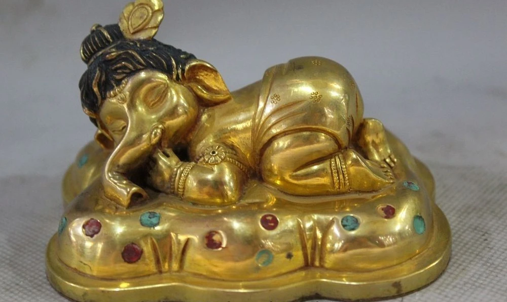 

3" Costful Chinese Pure Bronze 24K Gold Lucky face down Elephant Statue