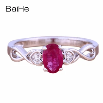 

BAIHE Solid 14k White Gold(AU585) 4x6mm Oval Cut Natural Ruby Diamonds Party Cocktail Ring Elegant Women Engagement Wedding Ring