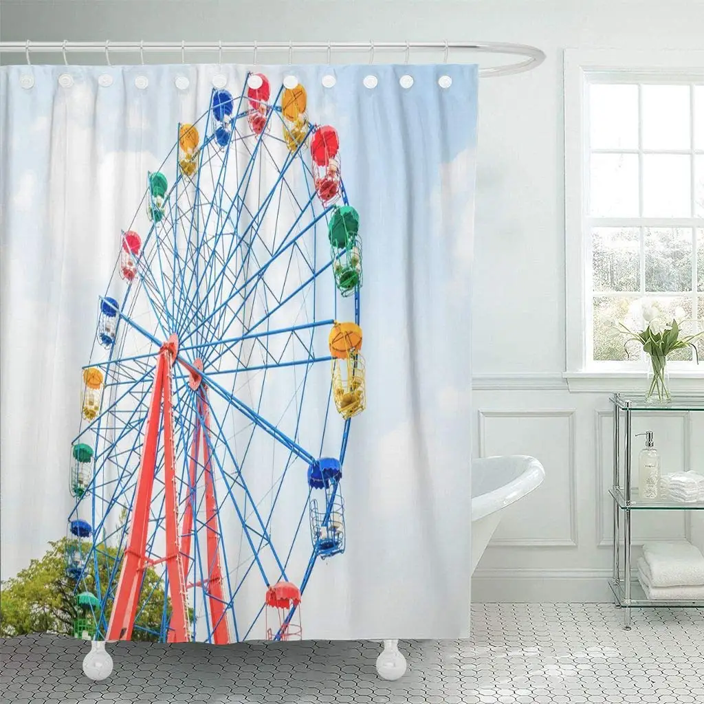 Shower Curtain with Hooks Blue Abstract Vintage Ferris Wheel in The