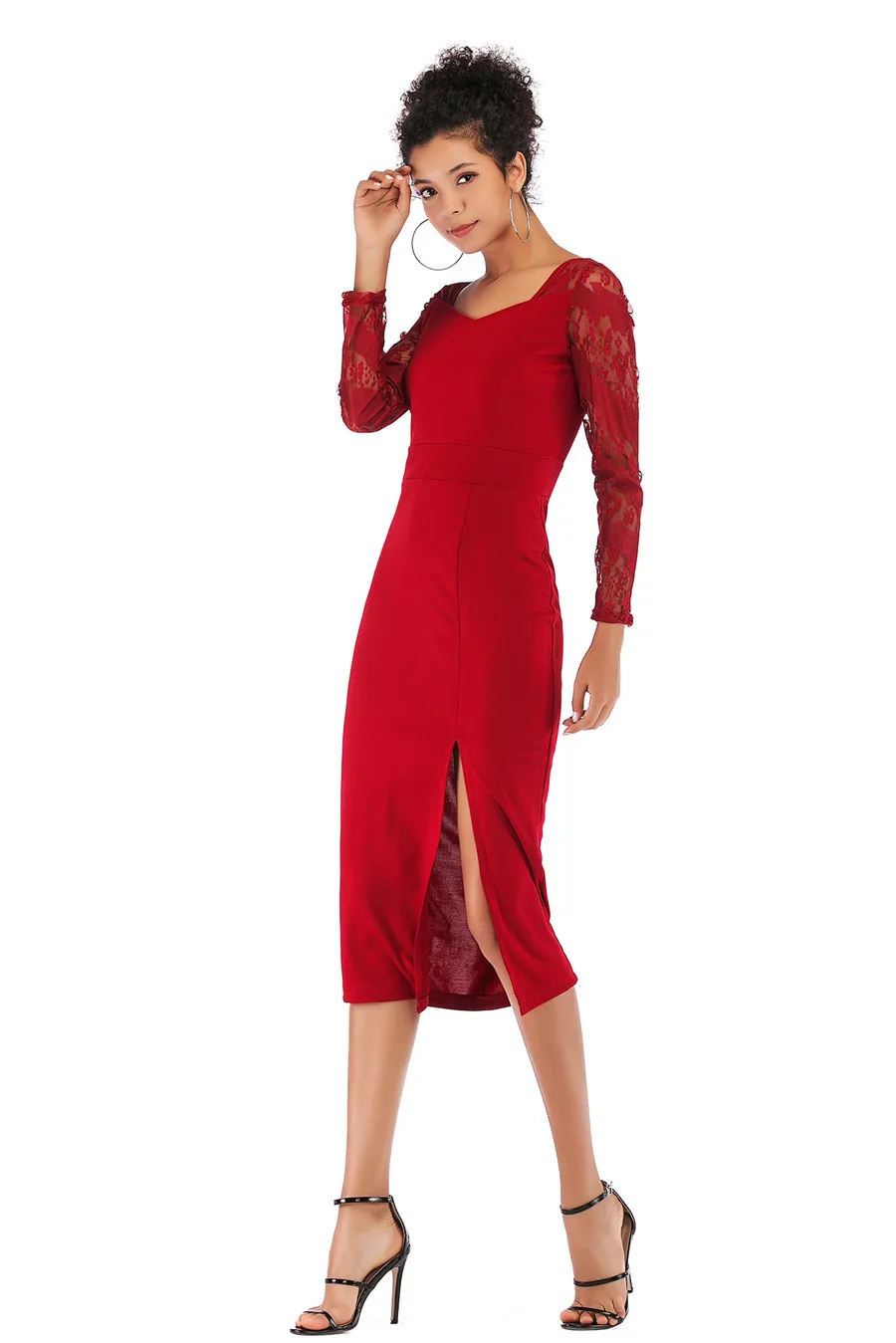 Gladiolus Sexy New Summer Dress Women 2019 Long Sleeve V Neck Slim Lace Patchwork Midi Women Office Dress Ladies Pencil Dresses (14)
