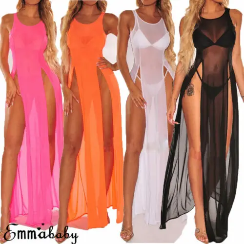 

Fashion Women Ladies Solid Boho Long Maxi Dress Evening Party Holiday Beach Split Dresses Summer Sundress Mesh Cover Up