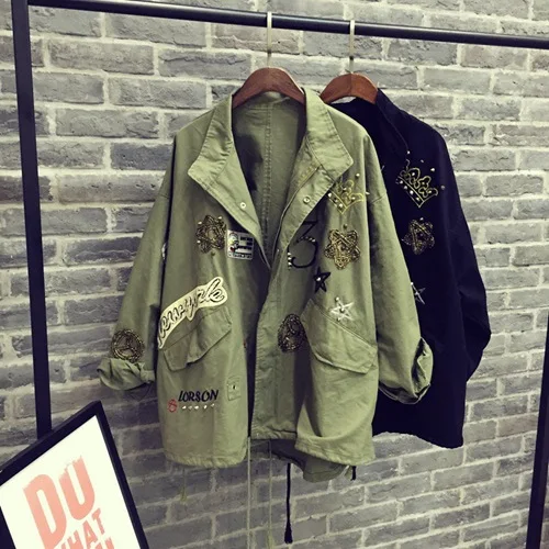 Women Cotton Jacket Coat Fashion Women Bomber jacket Embroidery Applique Rivets Oversize Women Coat Army Green Cotton Coat