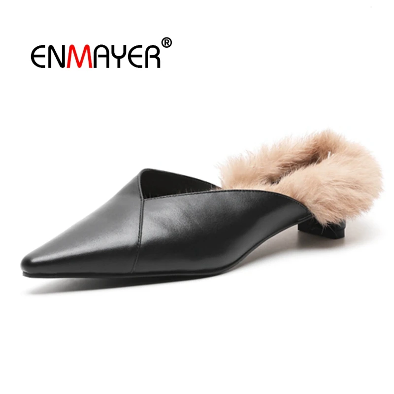 

ENMAYER Woman Pumps High heels Pointed Toe Slip-On Thin Heels Beige Black Real Leather Women Shoes Size 33-40 Low heels CR1607