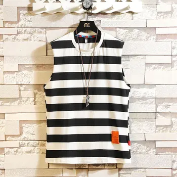 

BQODQO 2019 Men Striped Tank Top For Men Tee Summer Japanese Casual Tee Streetwear Comfortable Loose Sports Oversized