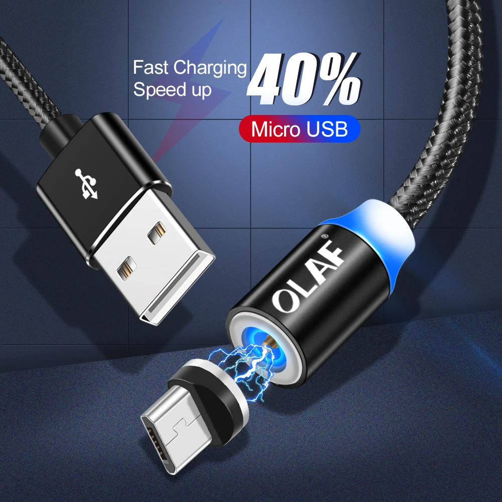 Магнитный Micro USB кабель OLAF 2A Зарядка 1 м 2 м светодиодный магнитный кабель для зарядки и передачи данных для Xiaomi 4X huawei P8 Lite samsung A5 J5 J7