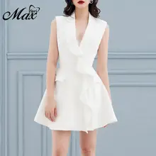 Max Spri 2019 New V Neckline Sleeveless White Frill Ruffle Frill Notched Collar A-line Mini Dress White Party Women Fashion Max Spri 2019 New V Neckline Sleeveless White Frill Ruffle Frill Notched Collar A-line Mini Dress White Party Women Fashion