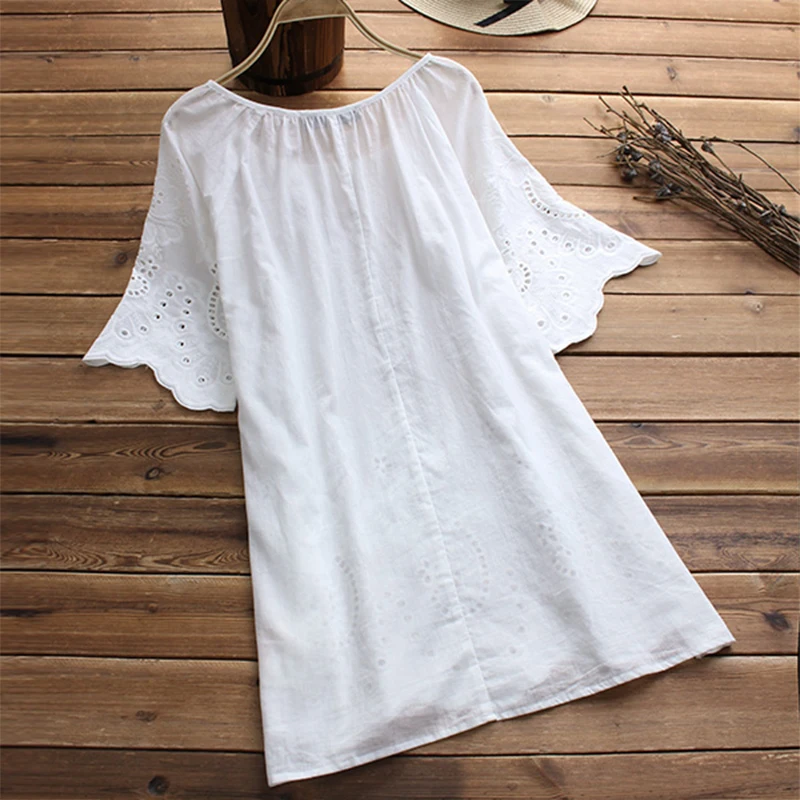 Женская Повседневная хлопковая льняная рубашка с круглым вырезом, свободная белая блуза с вышивкой, элегантная летняя блузка с расклешенными рукавами 5XL