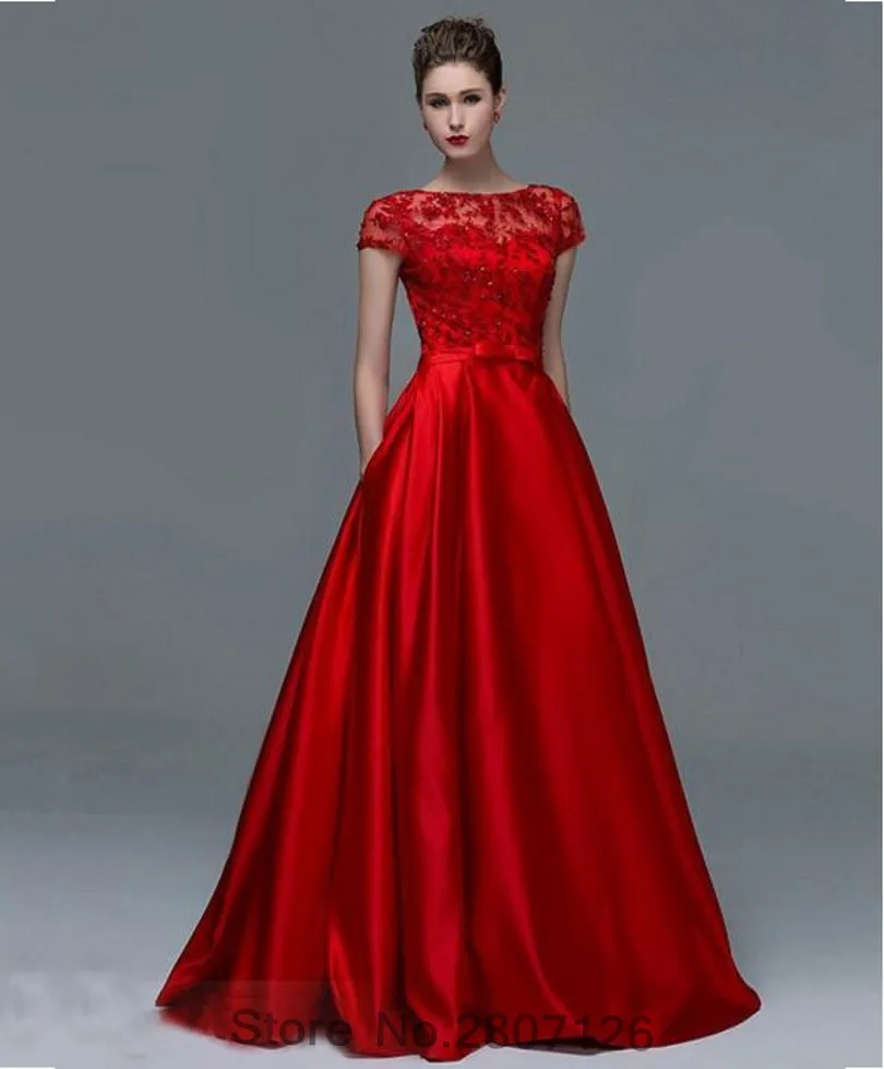 Red 2017 Evening Dresses With Pocket Sashes Satin Open Back Formal
