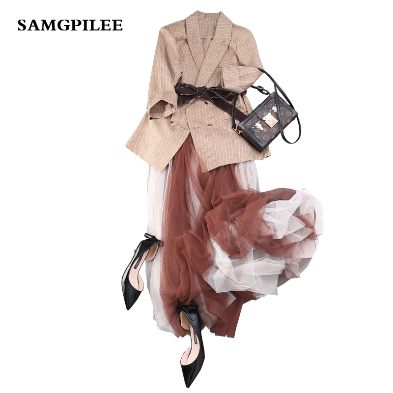 

2019 New Summer Half Sleeve Casual Double Breasted Turn-down Collar Elastic Waist Mid-calf Striped Women Set