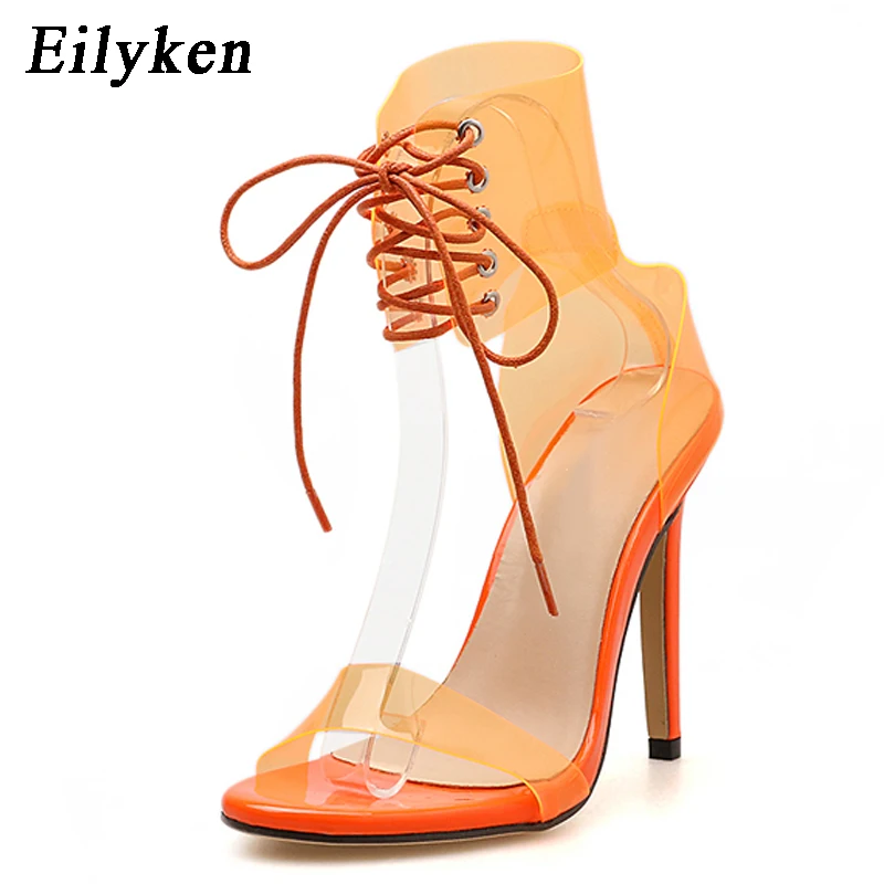 Eilyken/ г. Прозрачные босоножки на шнуровке из ПВХ пикантные женские босоножки на высоком прозрачном каблуке с открытым носком вечерние туфли-лодочки распродажа, 11 см