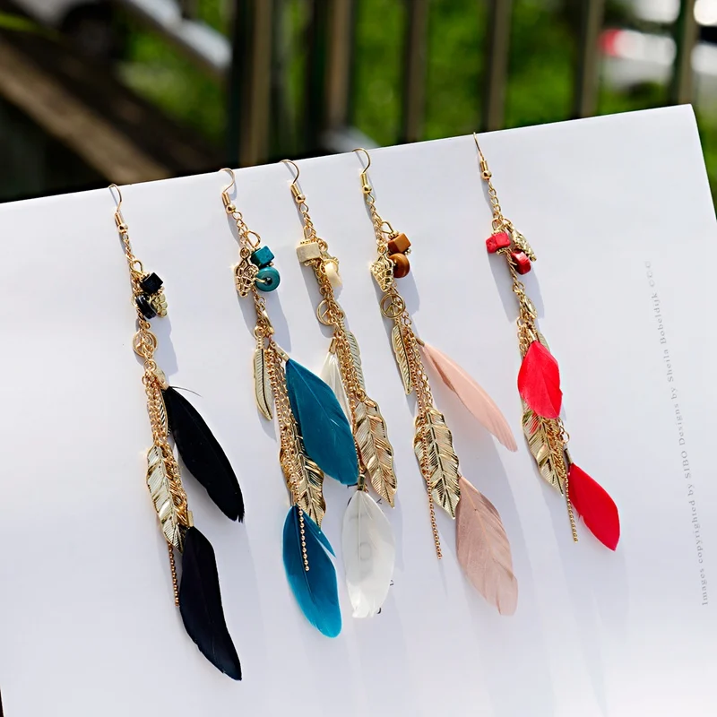 

TopHanqi Boho Ethnic Feather Earring Ladies Gold Metal Leaf Pendant Long Dangle Hanging Earrings For Women Wedding Jewelry Gifts