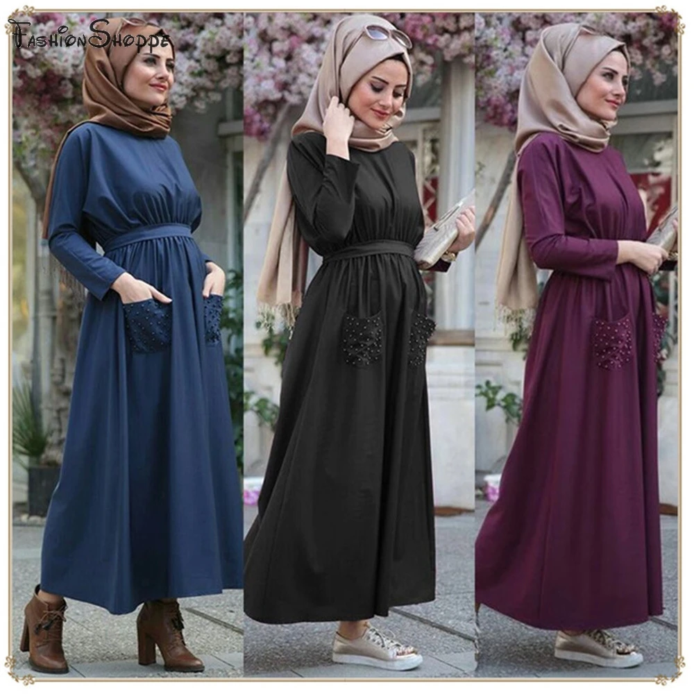 Abayas женская мусульманская одежда модные платья с поясом и бусинами Макси мусульманское платье Дубай Кафтан цзилбаб Дубай, Турция халат Рамадан D979